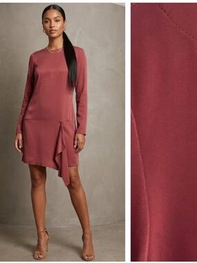 Tibi Maroon Burgundy Red Wine Silk Long Sleeve Draped Shift Dress 8